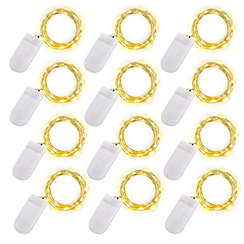 ooklee Guirnalda de Luces de 2 m de Color Blanco cálido, 12 Unidades, Funciona con Pilas, Alambre de Cobre para decoración de Bricolaje, Navidad, Patio, Boda, Fiesta