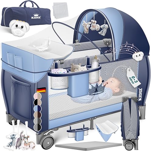 Kidiz® Babybett Reisebett Kinderreisebett klappbar mit Matratze & Räder 120x60, Seiteneingang, Wickelauflage, Moskitonetz & Tragetasche Baby Beistellbett Kinderbett ab Geburt bis 15 kg Navy Blue