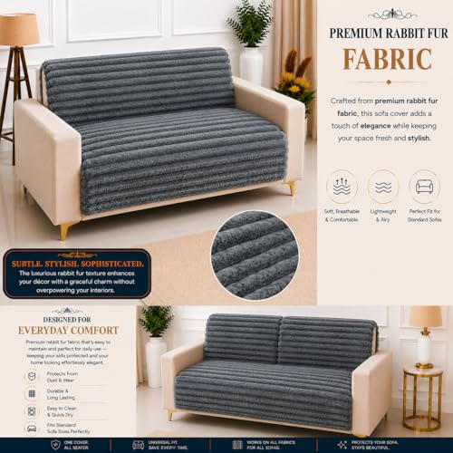 Image of Homerz Premium Rabbit Fur Sofa Cover with Anti-Skid Backing, Soft Plush Fabric Sofa Protector for Living Room Furniture (Grey, 2 Seater, Seat Cover with Backrest)
