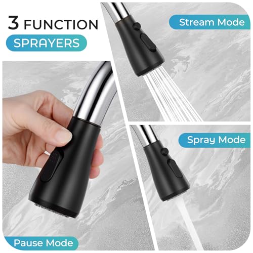Image of Black & Chrome Kitchen Faucet with Pull Down Sprayer and Deck Plate | SUS 304 Stainless Steel, Single Handle, 3 Spray Modes, 360 Swivel Spout, RV Laundry Bar Sink, Deck Plate, NSF372 NSF61 cUPC