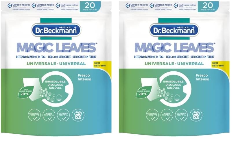Dr. Beckmann MAGIC LEAVES Detersivo Lavatrice in fogli UNIVERSALE | Facile da usare, facile da riporre & da trasportare | 20 fogli (Confezione da 2)