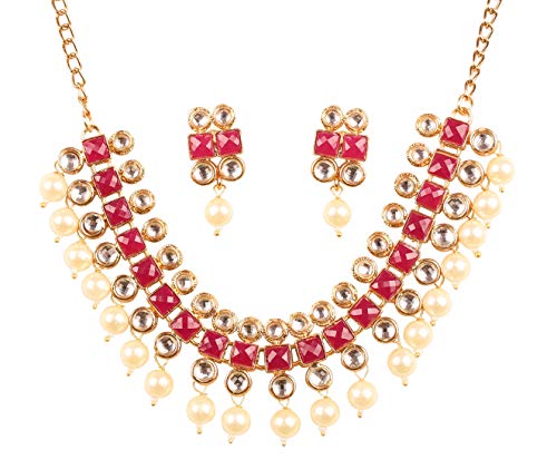 NEW! Touchstone Indian Bollywood Desire Exclusive Mughal Era Inspired Stylish Traditional Kundan Polki Look Designer Bridal Designer Jewelry Choker Necklace Set For Women. (Red & Pearl)