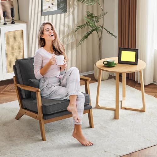 Image of Mid-Century Accent Relax Chair - Wide Armrest Lounge Chair with Linen Fabric with Lumbar Pillow (Gray, 28.3 x 31.5 x 29.5 INCH)