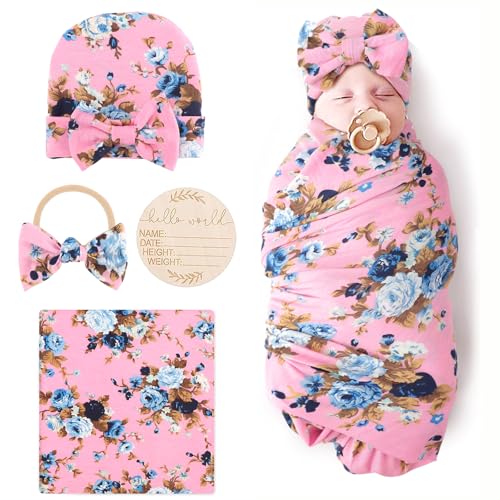 DRESHOW BQUBO Baby Girl Newborn Receiving Blanket with Bow Hat Headband Wooden Birth Announcement Card Set Baby Floral Print Nursery Swaddle Wrap