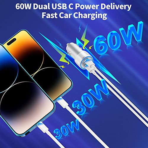 [Apple MFi Certified] iPhone Fast Car Charger, Linocell 60W Dual USB C Power Delivery All Metal Rapid Car Charger Adapter with 2Pack Type C to Lightning Cord Quick Car Charging for iPhone/iPad/Airpods