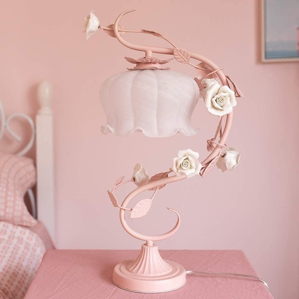 Lampa Stołowa Romantyczna Róża Ceramiczna Lampa Stołowa Szklany Klosz Lampka Nocna Z Kutego Żelaza Do Salonu Sypialnia Do Domowego(Pink)