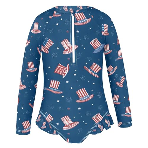 ALAZA American Flag Hat Blue Girls One Piece Swimsuit Long Sleeve Rashguard Swimsuit UV 50+ Swimwear Zip2