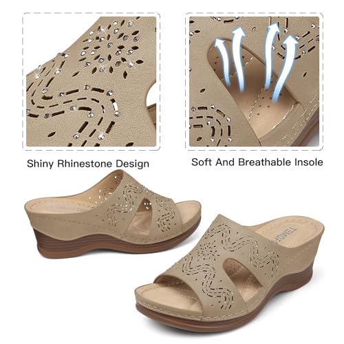 Image of TEMOFON Women Wedge Sandals Dressy: Comfortable Lightweight Summer Shoes | Low Wedge Heel - Fit Wide Feet - Comfy Stylish Slip on Sandals Size 5-11