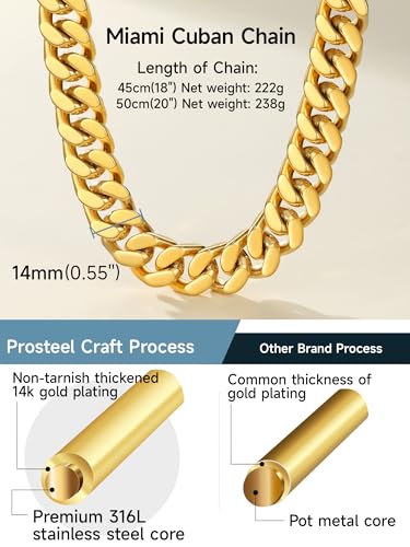 PROSTEEL Chunky Cuban Link Curb Chain Necklace for Women Men, 18K Gold/Silver Tone Choker Thick Trendy Statement Hip Hop Miami Cuban Chain Jewelry Gifts Unisex Size,5/12/14mm Widths,18"/20"4