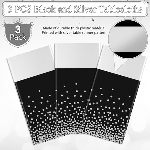 Image of 3Pcs Black and Silver Tablecloth Party Decorations,Plastic Black Table Cloth Printed Silver Table Runner Disposable Rectangle Table Cover for Birthday Anniversary Wedding Graduation Party,54 x108 Inch