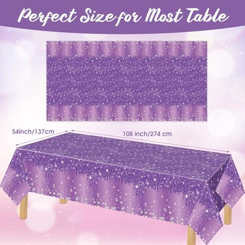 Image of Ganeen 3 Pcs Purple Tablecloths Glitter Sparkling Disposable Plastic Table Cover Sequin Printed Rectangle Tablecloths for Girl Women Birthday Wedding Party Decor Supplies, 54 x 108 Inch