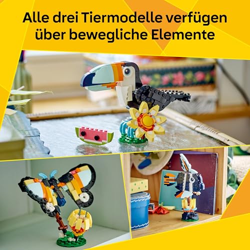 LEGO Creator Wilde Tiere: Tropischer Tukan - 3-in-1-Spiel Tier verwandelt Sich in Schmetterling Minifigur oder Fisch - Kreatives Spielzeug - Geschenk für Mädchen und Jungen ab 7 Jahren 31173