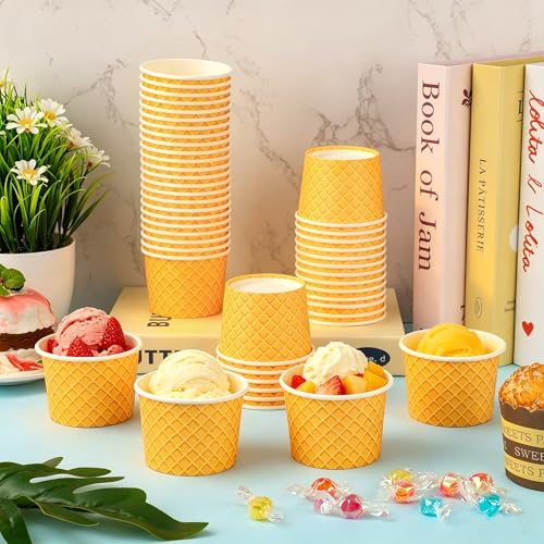 Image of 50 Pcs Paper Ice Cream Cups 4oz Ice Cream Disposable Dessert Bowls Small Treat Snack Bowls for Sundae Frozen Yogurt Soup Hot or Cold Food Containers Party Supplies