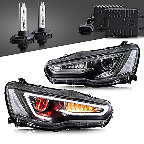 VLAND Led Headlights + D2H Xenon Bulbs Compatible with Mitsubishi EVO X &Lancer 2008-2020 Projector Front lamp Assembly w/Clear Lens w/Sequential w/Demon Eyes