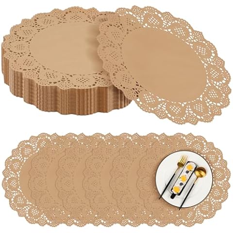 MCEAST 300 Pack Round Brown Kraft Paper Doilies 13.5 Inches Lace Paper Place Mats Rustic Scallop Doily Disposable Paper Table Pads for Food Cakes Crafts Party Weddings Tableware Decor Cover