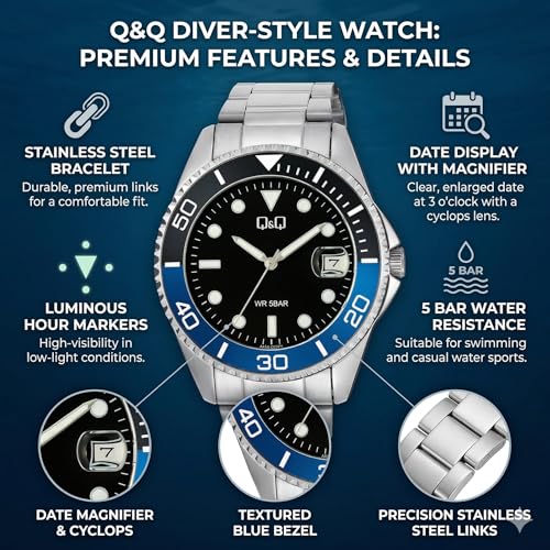 Image of Q&Q Men's Analog Stainless Steel Watch | Black Dial with Date Window | Non-Rotating batgirl Bezel | Silver Stainless Steel Strap | 50M Water Resistant | Stylish Casual & Formal Wrist Watch for Men - A49A-002PY
