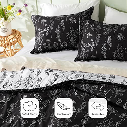 Image of Bedsure Queen Comforter Set - Black Bed Set, 3 Pieces Cute Floral Bedding, 1 Soft Reversible Botanical Flowers Comforter and 2 Pillow Shams