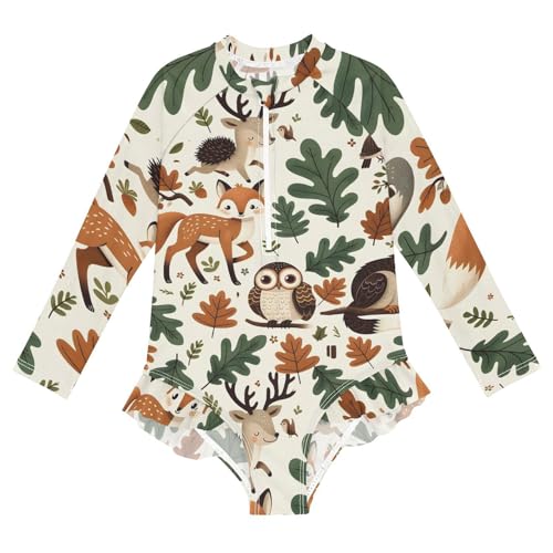 Girls One Piece Swimsuits Long Sleeve Swimsuit Zipper Bathing Suits Forest Animals Fox Deer Hedgehog