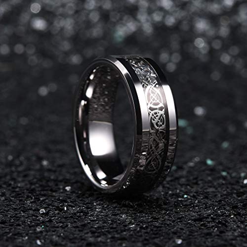King Will DRAGON Men Tungsten Carbide Ring Wedding Band 8mm Silver Celtic Dragon Inlay Polish Finish 10.5