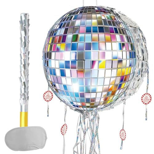 WERNNSAI Disco Ball Pinata - Mini Disco Pinata with Blindfold Stick Pull String for Retro 80s 90s Dance Party Decoration Kids Birthday Men Women Bachelorette Celebration Supplies