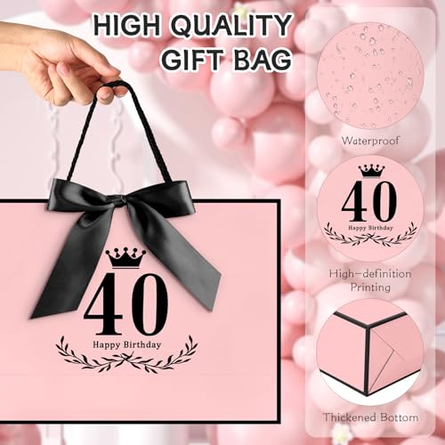 Image of JMANNI 40th Birthday Gift Bag, Pink with Black Satin Bow & Crown Design, Large Happy 40th Birthday Present Bag for Party Favors, Size 14.17 inchx9.84 inchx4.33 inch