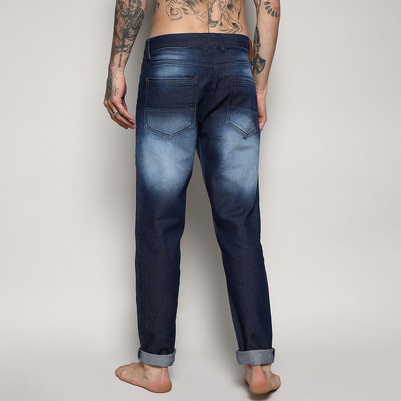 Image of Campus Sutra Men's Blue Self-Design Patched Denim Jeans for Casual Wear | Dark-Wash | Regular Fit | Button Closure | Cotton Mid Rise Denim Jeans Crafted with Comfort Fit for Everyday Wear, 28