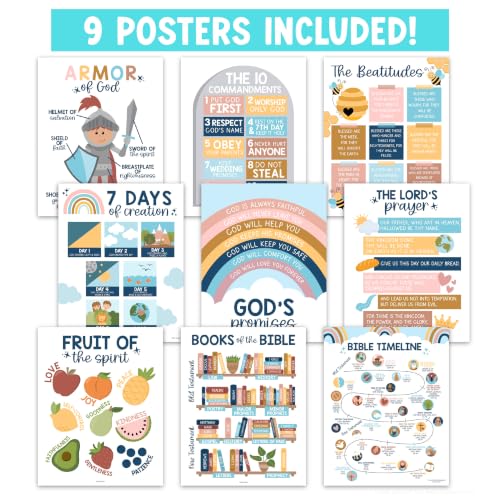 Image of Hadley Designs Sunday School Decorations for Classroom -9 Bible Posters for Kids, Books of the Bible, 10 Commandments, Bible Timeline Chart, Fruits of the Spirit, Boho Christian Classroom Decor