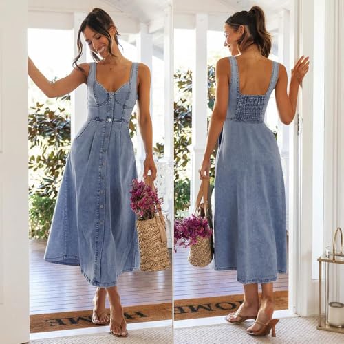 utcoco Denim Dress for Women Sleeveless Button Down Slim Fit Midi Jean Dresses for Women 20252