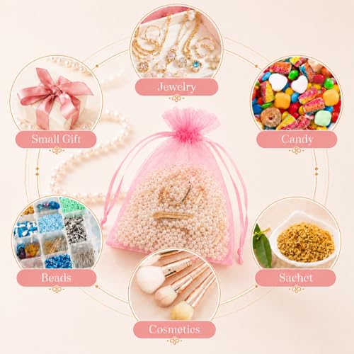 Image of ANZNKU 50PCS Pink Organza Bags 5x7 in, Small Gift Bags Bulk for Jewelry Makeup Sachet Candy, Cute Small Mesh Goodie Bag Drawstring for Wedding Party Favor Baby Shower & Easter Gifts Wrap
