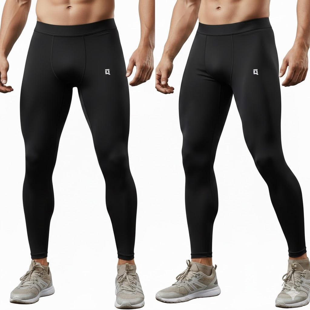 quada Men's 1-2 Pack Compression Tights | Quick-Dry Sports Leggings for Gym, Running, Cycling & Workout | Stretchable Black Activewear Pants-picture-42