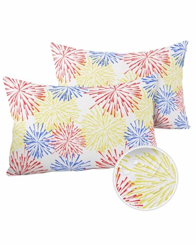 Edwiinsa Yellow Red Blue Fireworks Outdoor Pillow Covers Waterproof,All Weather Cushion Case Set of 2 Lumbar Pillowcase for Sofa Couch Bed Decor Patio Furniture 20