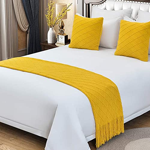 Zhiyuan Tassel Solid Knitted Bed Runner Decorative Bed End Scarf Woven Sofa Throw Blanket 50" X 90.5", Bright Yellow #TOP13