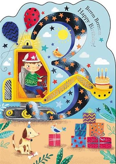 Boys 3rd Birthday Card - Age 3 - Digger, Dog and Balloons with Foil Finish - Eco-Friendly and Recyclable - by Paper House