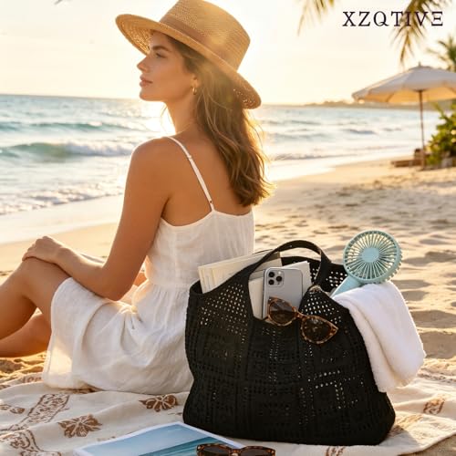 Image of XZQTIVE Crochet Tote Bag for Women Mesh Beach bag for Summer Vacation Aesthetic Hobo Knit Shoulder Bag