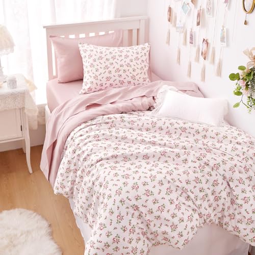Image of Wake In Cloud - Twin /Twin XL Comforter Set, 3-Piece, Floral Shabby Chic Coquette Cottagecore Flower Light Blush Pink Green, Soft Lightweight College Dorm Bedding for Women Teen Kids Girls