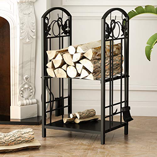 Lovinouse 2 Layer Firewood Log Rack with 4 Fireplace Tools Sets, Black Heavy Duty Wrought Iron Lumber Holder Storage Stacking Carrier for Indoor Outdoor Backyard Patio - Thumbnail 3