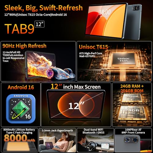Image of JJGJ Android 16 Tablet with Keyboard - 12 Inch Tablets, Black Case