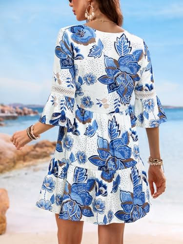 Image of CUPSHE Women V Neck Lace Trim Mini Summer Dress Cover Up 3 /4 Sleeve Ruffled Cuff Casual Sundress Beach Dresses Cover Ups