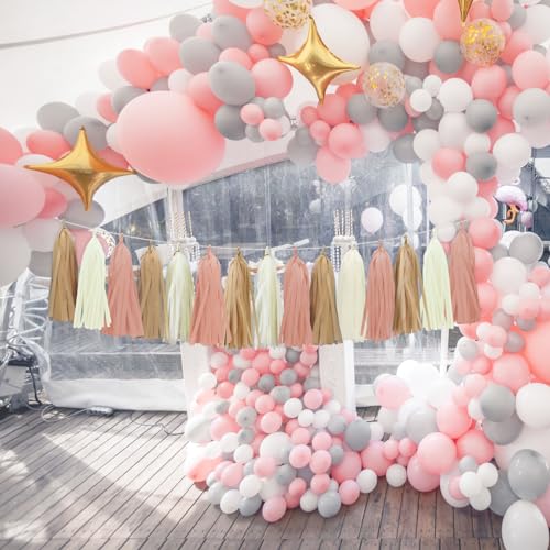 Image of Boho Tassel Garland for Bridal Shower Baby Shower Decorations, 15pcs | Blush Pink Tassel Garland Party Decor for Brithday Decorations, Cream Khaki and Blush Pink