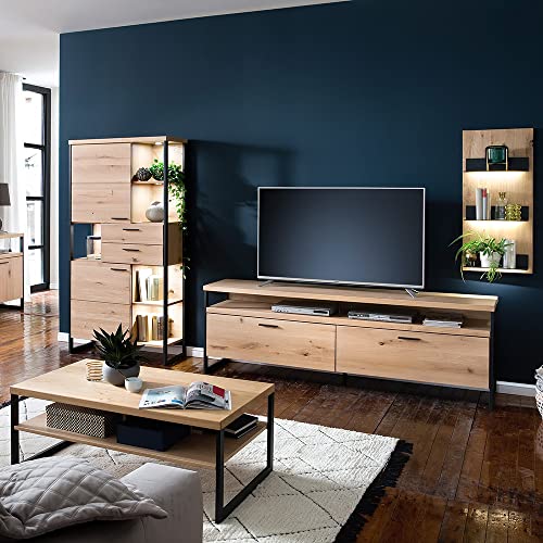 Lomadox Wohnwand Set mit Couchtisch, Eiche Bianco geölt, inkl. LED Beleuchtung und Fernbedienung