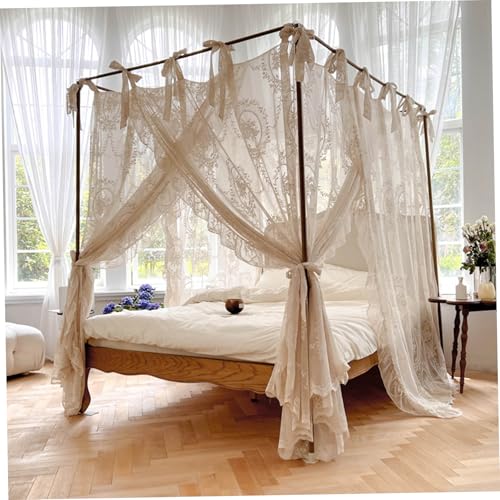 Rideaux de lit à baldaquin d'angle beige de qualité pour lit 1,5 m - 8