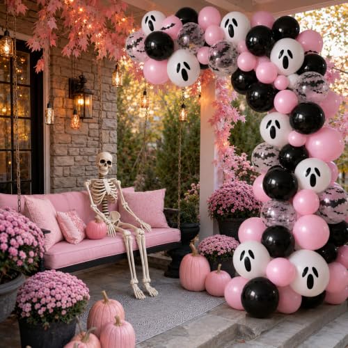 Image of Halloween Balloons, Pink and Black Balloon for Halloween Party Decorations | Pastel Pink Black Balloon, White Ghost 3D Bat Print Latex Balloons, Night Halloween Spooky One Scary Birthday Party Decor
