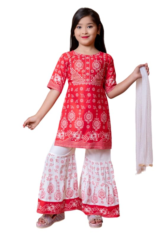 Image of Girls Ethnic Cotton Kurta and Straight Pant Set with Silky Dupatta