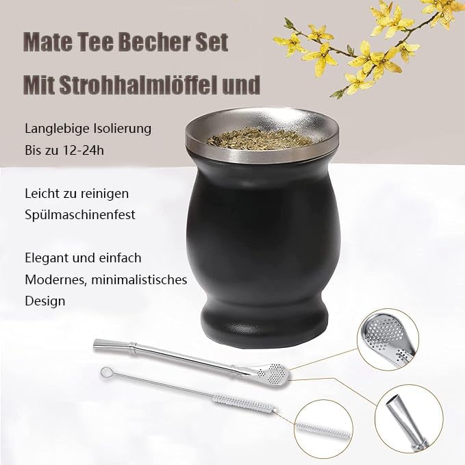 Set Tazza Mate In Acciaio Inox Huamirra 240 Ml - Con Cucchiaio, Spazzola E CanNUccia | Doppio Isolamento Per Bevande Calde E Fredde