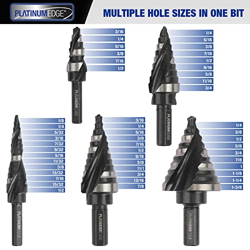 Platinumedge Step Drill Bits Set, 5 Pieces Sae, High Speed Steel Step Bits With 50 Total Step Sizes, Double Flute Cutting Blades, Nitride Black Coating And Polished #TOP4