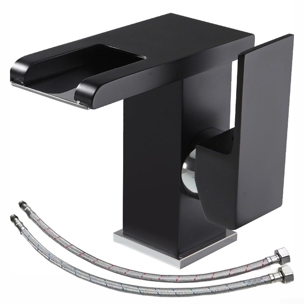 SOHNVWTGD LED Waterfall Faucet Waterfall LED Faucet, Deck Mounted Washbasin Tap, Solid Brass Construction(Black)