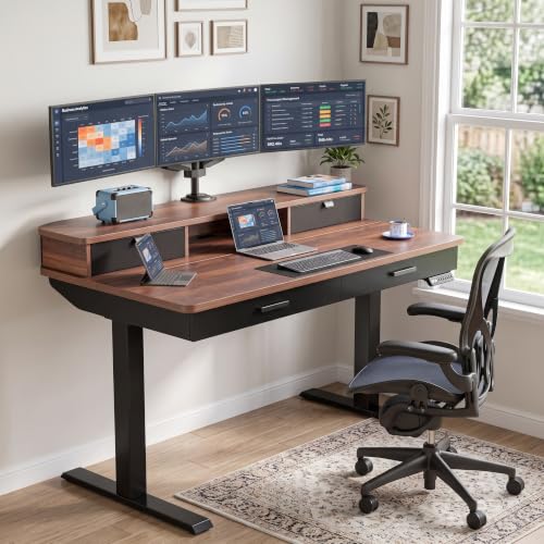 Image of HUANUO 55 x 30 inch Electric Standing Desk with 2 Wood Drawers, Adjustable Height Sit Stand Desk for Home Office, Ergonomic Stand up Desk with 4 Memory Presets, 176 lbs Capacity, Walnut Top