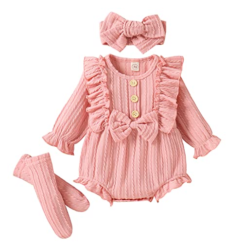 Image of ZAXARRA Newborn Baby Girls Clothes Long Sleeve Button Front Ruffle Romper Socks Headband 3Pcs Set Fall Winter Outfits
