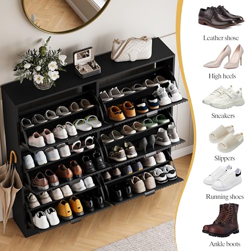 Image of HUANLEGO Shoe Cabinet Storage for Entryway with 6 Flip Drawers, Black Fluted Shoe Cabinet with Adjustable Shelves, Wooden Hidden Shoe Rack Freestanding Narrow Slim Shoes Storage for Hallway, Entrance