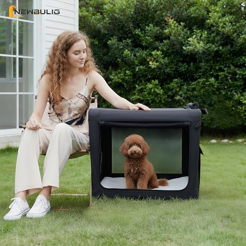 Image of NEWBULIG Collapsible Dog Crate 24 Inch, Portable Travel Crate for Dogs and Cats, Soft Foldable Pet Kennel with 3-Door Mesh Windows Indoor & Outdoor